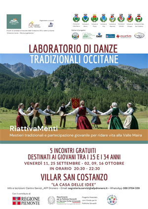 Laboratorio di danze tradizionali occitane a VILLAR SAN COSTANZO il 11 e 25 settembre, 02, 09 e 16 ottobre 2026